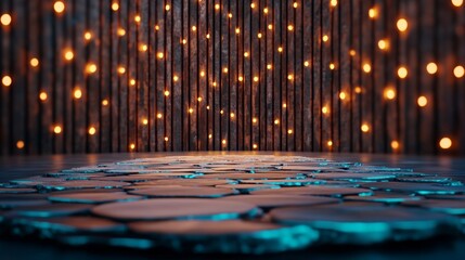 Rustic wooden wall with warm string lights above stone pathway