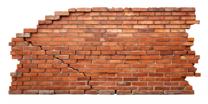 cracked red brick wall isolated on white background. png