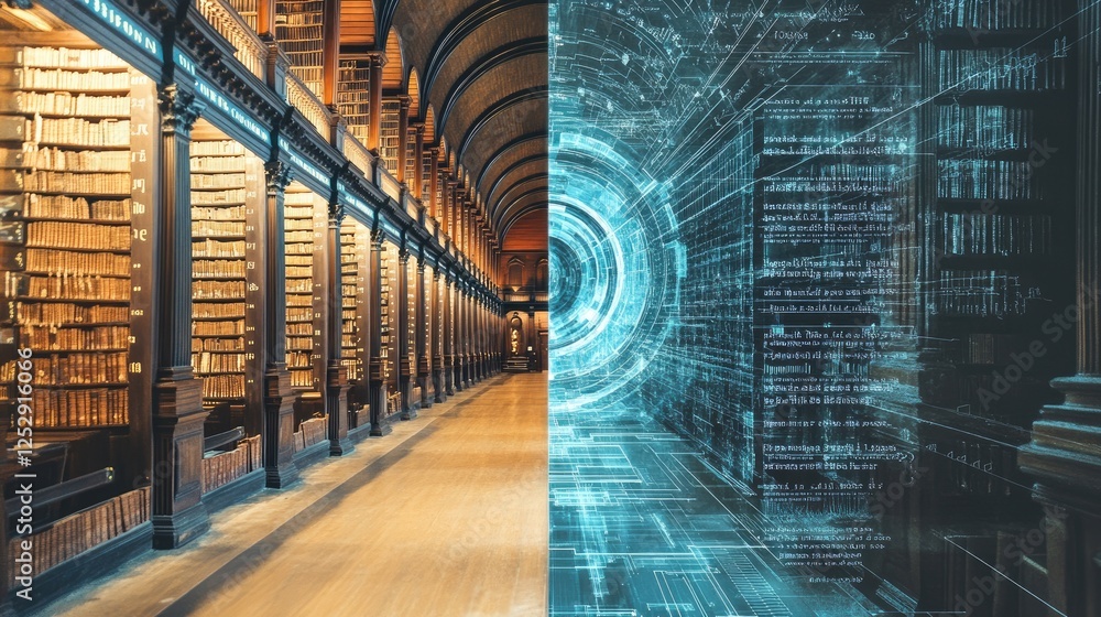 Poster a visually striking split-image showing a classic library on one side and a futuristic digital datab