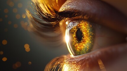 Obraz premium eye technology Close up of an eye with embedded tech symbols and glowing overlays, highlighting innovation in vision and technology.