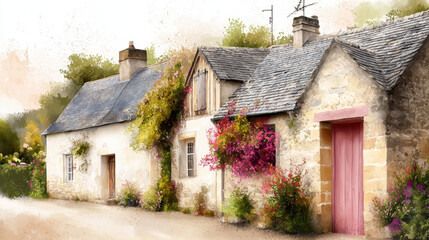 charming countryside village with stone cottages adorned with vibrant floral gardens, exuding timeless and picturesque appeal. rustic architecture and blooming flowers create serene and inviting