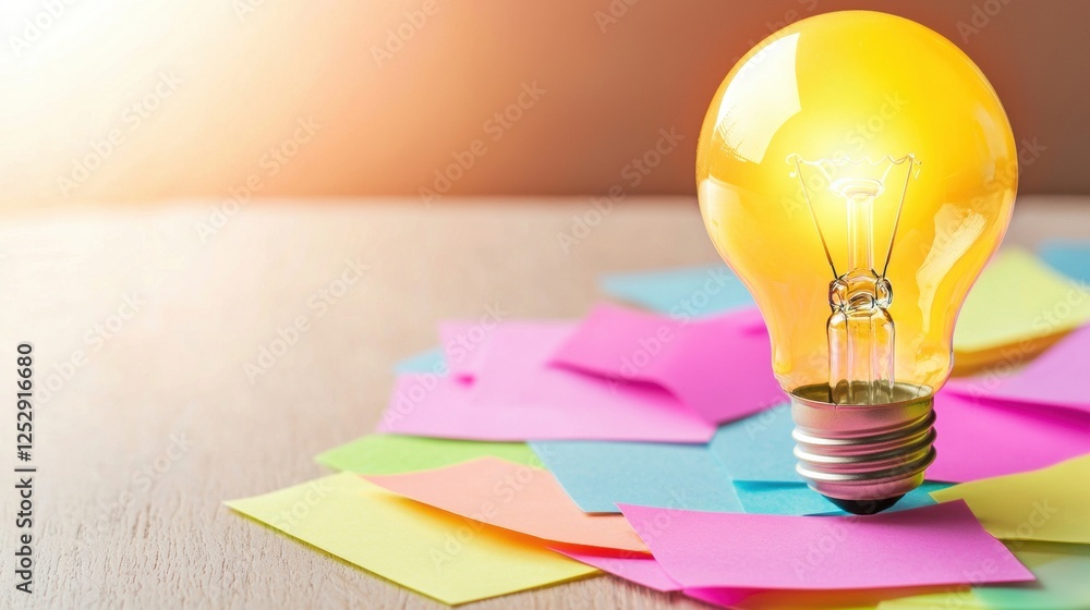 Poster lightbulb brainstorming strategy development collaboration close up of a glowing lightbulb on a tabl