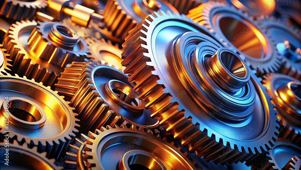 Poster close-up rotating metallic gears animation - high-resolution alpha channel stock footage