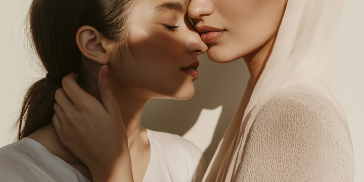 Middle eastern lesbian couple in love, natural beige aesthetic