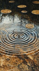 Naklejka premium Water ripples, rain, floating discs, reflective surface.