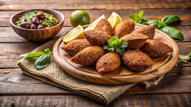 Aromatic kibbeh on a wooden plate with olives and pita bread, olives, arabic food,  olives