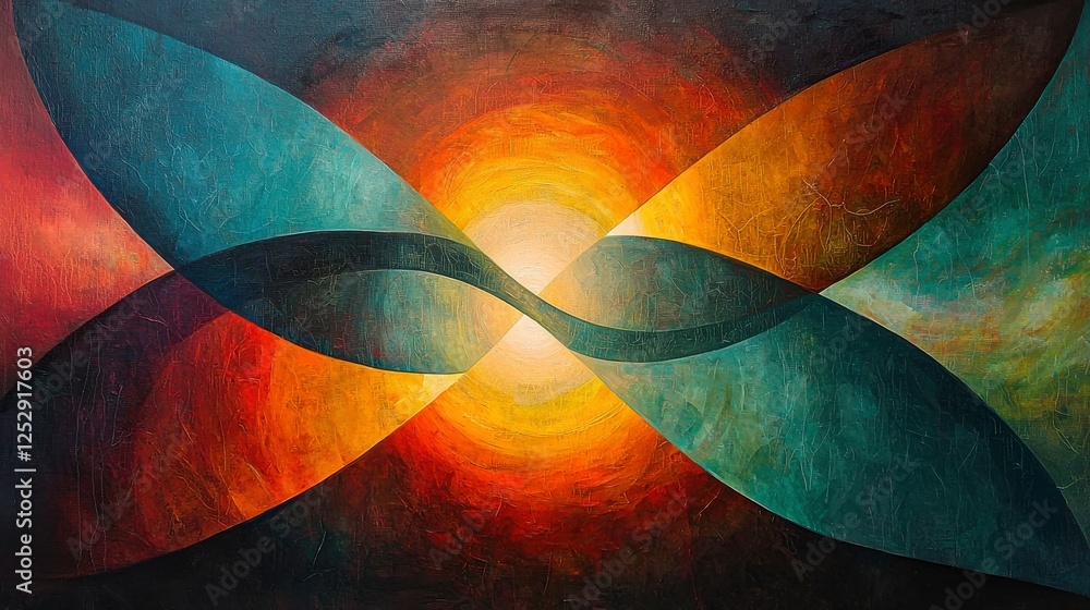 Poster vibrant abstract art with intertwined shapes and warm colors representing harmony and balance in mod