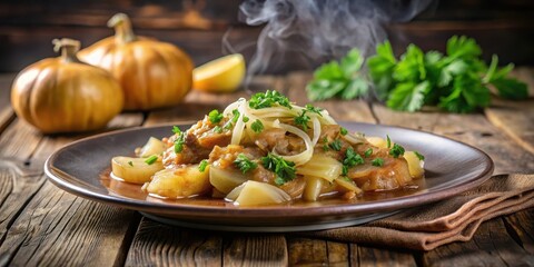 Traditional German dish served steaming hot on a plate with saut?ed onions and fresh parsley