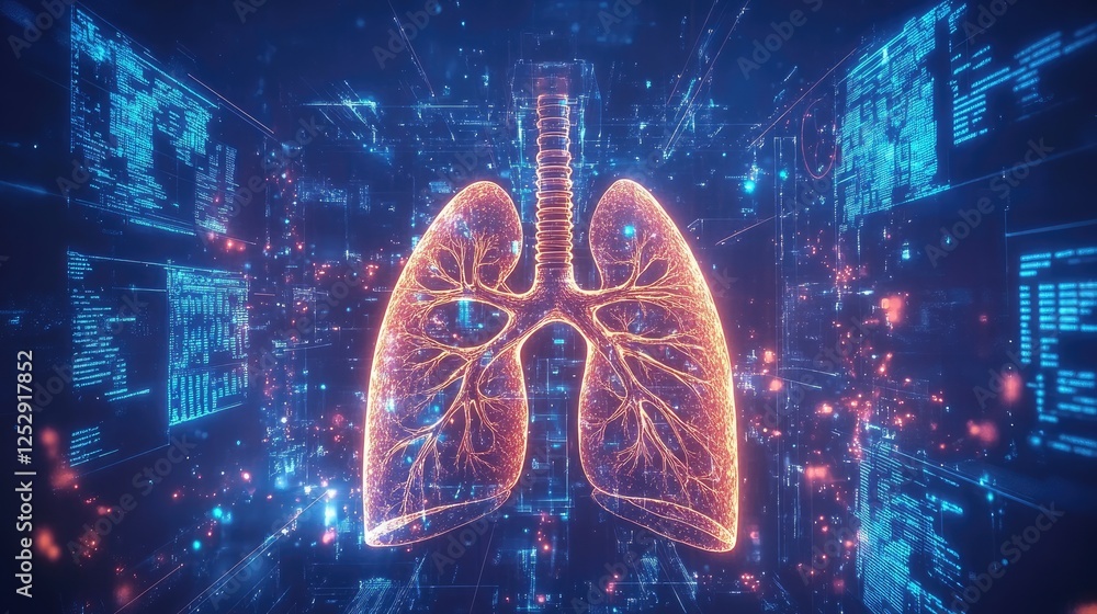 Poster an ai-powered robotic system scanning lungs, with digital health metrics appearing around it.