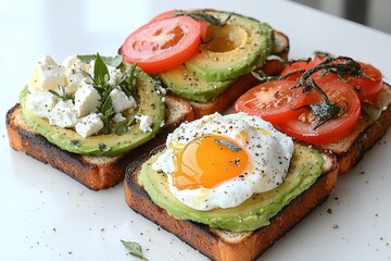 Toast assortment: avocado with poached egg, ricotta with honey, feta with fresh tomatoes.