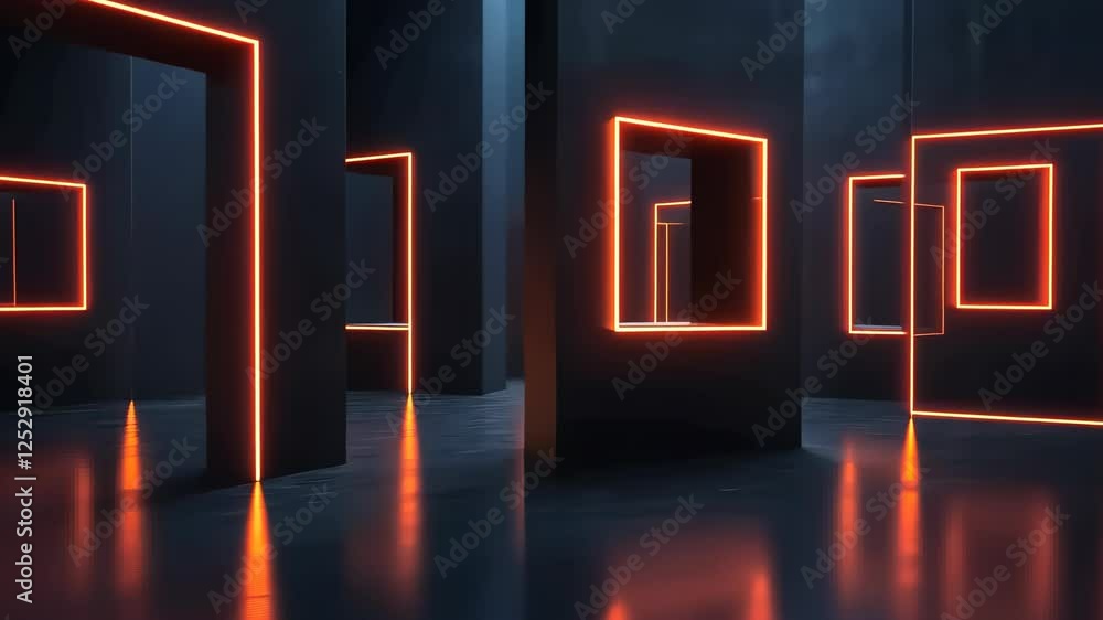 Poster explore the enchanting abstract space illuminated by vivid neon outlines and reflective surfaces in 