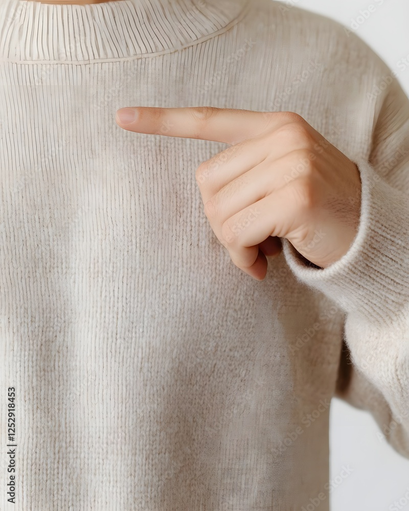 Poster close-up of a person's hand pointing in a neutral setting, emphasizing gesture and communication
