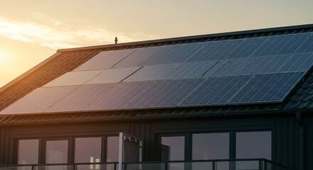 Fototapeta premium close up of a Modern eco friendly passive house with solar panels on rooftop. Home solar panel. Solar panels on roof of modern apartment building in city during the sunset with sun flare