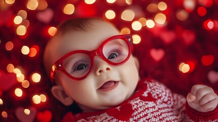 Adorable Baby in Red Festive Outfit and Glasses