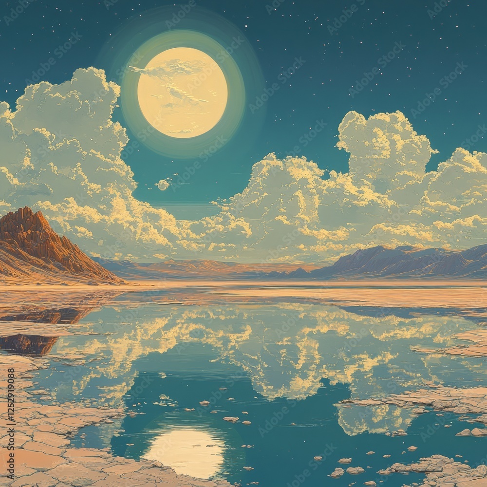 Poster a tranquil, surreal desert with a mirror-like surface reflecting the strange sky and floating clouds