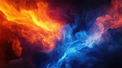 Fototapeta premium Close-up of powerful gas flames transitioning between deep blue and blazing orange on a dark backdrop.