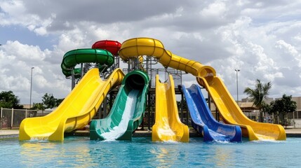 Colorful water slides at a tropical water park