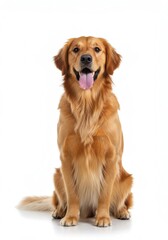 Golden retriever sitting and panting on white background, looking friendly and relaxed