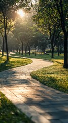 Fototapeta premium Serene Winding Path Through Lush Green Trees At Sunset