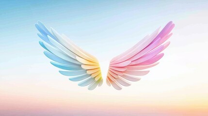 Fototapeta premium wing rainbow A pair of majestic wings filled with rainbow colors, symbolizing beauty and diversity, glowing softly against a clear sky.