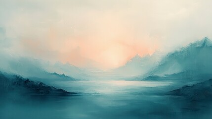 Fototapeta premium Serene Abstract Landscape with Soft Color Palette Over Mountains and Water Reflecting Gentle Sunrise Glow in Ethereal Artistic Style