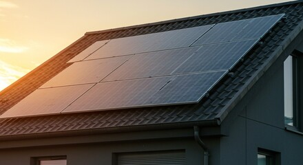 close up of a Modern eco friendly passive house with solar panels on rooftop. Home solar panel. Solar panels on roof of modern apartment building in city during the sunset with sun flare