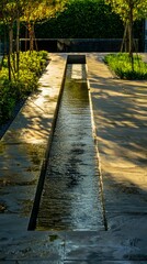 Tranquil Water Feature in Modern Landscape Design at Golden Hour
