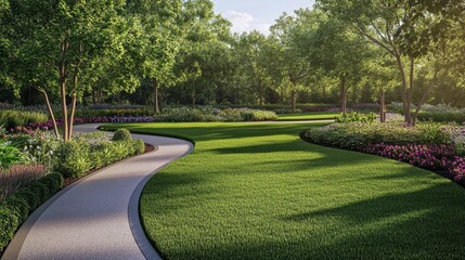 Fototapeta premium Serene Modern Cabin with Curved Stone Pathway in Lush Green Garden 