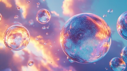 Naklejka premium Ethereal Floating Bubbles with Colorful Reflections Against a Dreamy Sky at Sunset