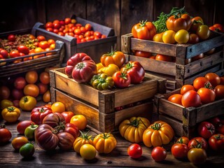 Colorful Heirloom Tomatoes in Crates - Low Light Still Life Photography