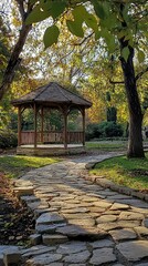 Fototapeta premium Serene Garden Gazebo Surrounded by Autumn Foliage and Pathway