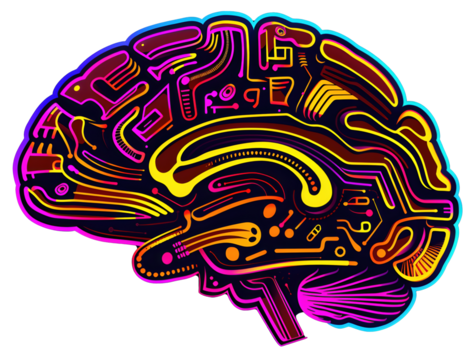 colorful illustration of human brain with circuit patterns, symbolizing technology and intelligence
