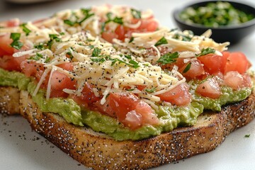 Toast with avocado paste, tomato sauce, and cheddar cheese.