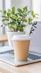 Coffee on laptop, plant, office desk. Workspace productivity