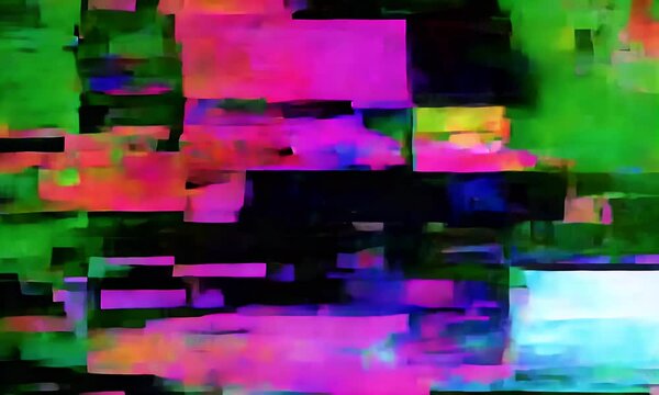 tearing effect with erratic glitch patterns and blocks of missing pixels, emphasizing digital decay