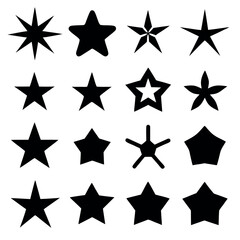 This image presents a collection of diverse star and polygon shapes, in solid black silhouettes against a pure white background.