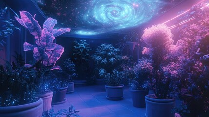 Fototapeta premium Neon-lit indoor garden, potted plants, celestial ceiling.