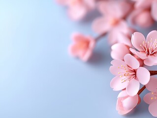 Delicate pink cherry blossom flowers on blue.
