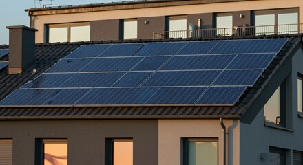 Fototapeta premium close up of a Modern eco friendly passive house with solar panels on rooftop. Home solar panel. Solar panels on roof of modern apartment building in city during the sunset with sun flare