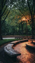 Obraz premium Serene Park Pathway Lit by Soft Glow of Lantern at Dusk