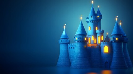 Fototapeta premium Enchanted Blue Castle at Night with Illuminated Windows in Fantasy Scene
