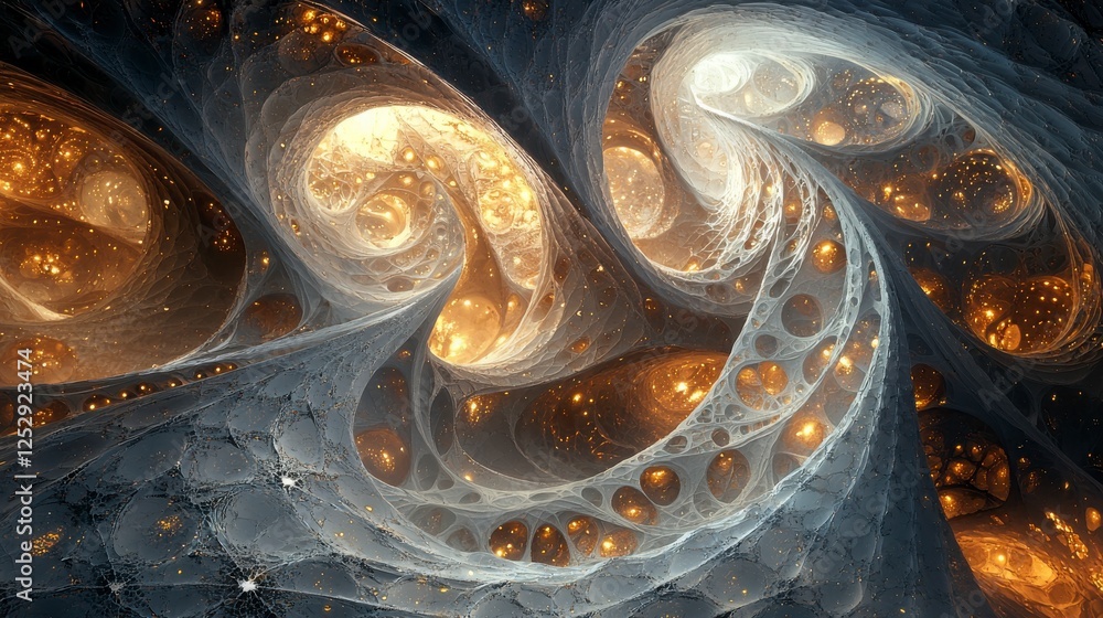 Poster abstract digital art of spiral patterns with golden lights in a mesmerizing symmetrical design for c
