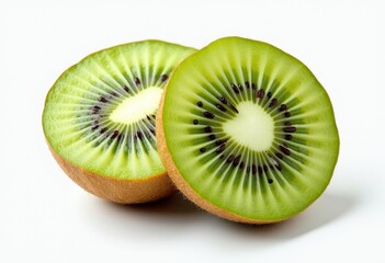 Vibrant Kiwi Halves on Pure White Background: Juicy Texture & Rich Seed Detail. A kiwi cut in half on a white background.