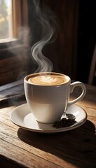 Steaming Cup of Latte Art Coffee on Wood Table in Sunlight