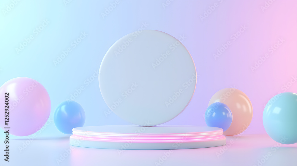 Poster colorful abstract display with floating balls studio set 3d render light and airy environment creati