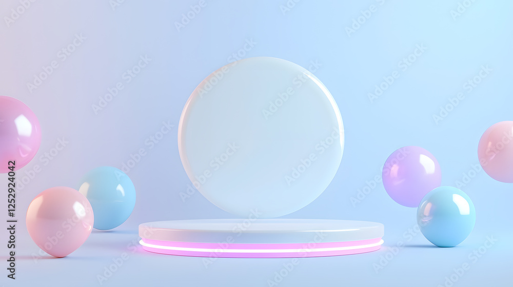 Poster floating circular object with colorful spheres minimalist studio 3d render neutral colors artistic c