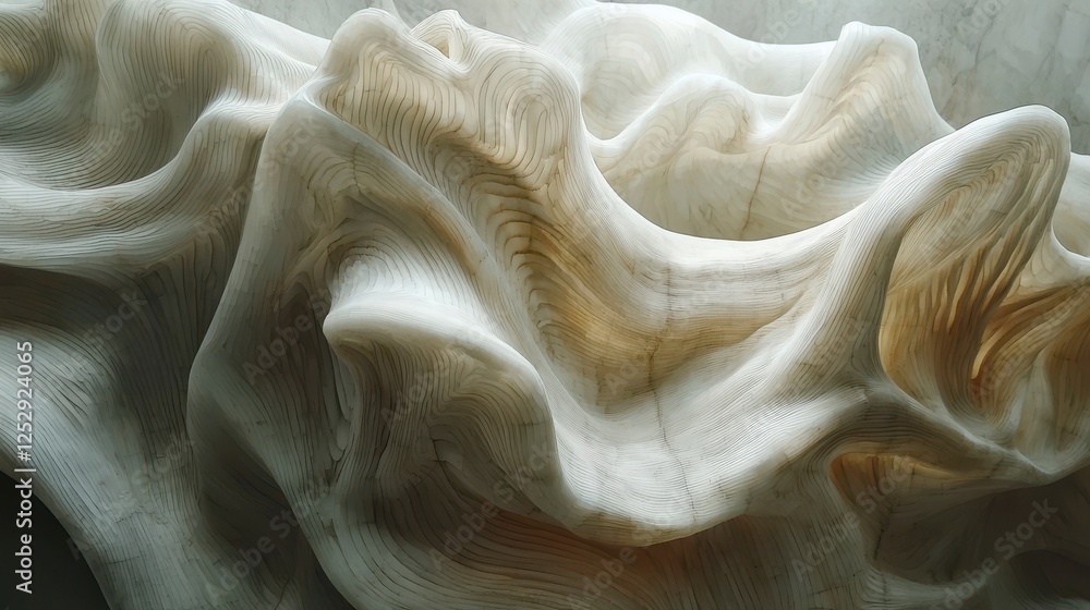Poster abstract artistic sculpture in soft beige and cream colors with flowing curves and textured surface 
