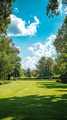 Serene Green Lawn Under Bright Blue Sky with Fluffy White Clouds
