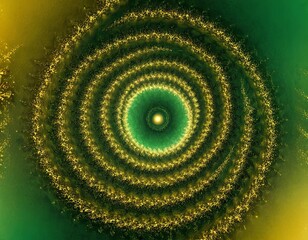 Abstract circular pattern with green and gold hues, creating a mesmerizing spiral effect.