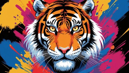 Vibrant tiger emerges from a burst of color, showcasing the beauty of nature and artistry through a large oil paint brush technique against a black canvas